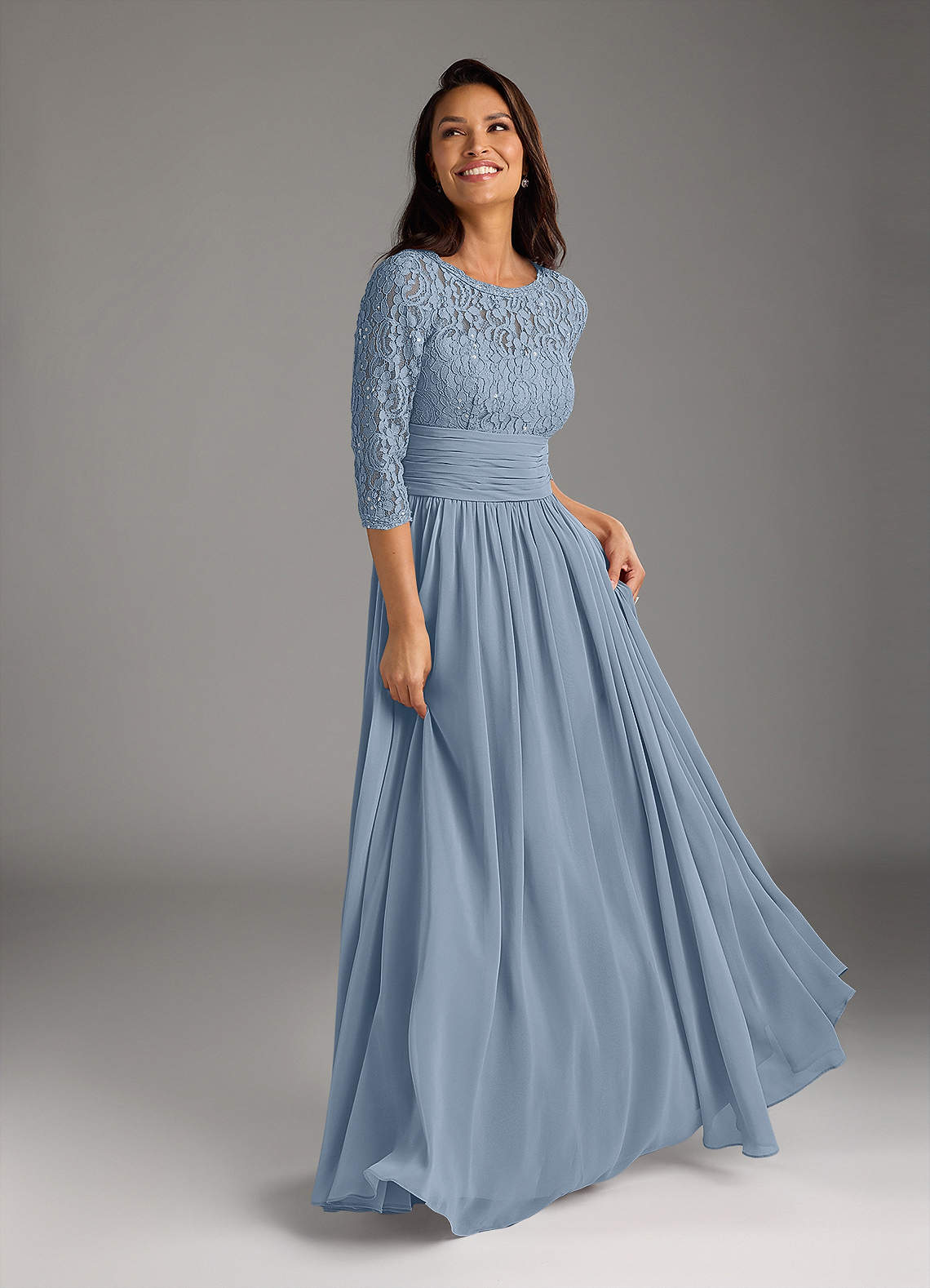 Azazie Olga Mother of the Bride Dresses Dusty Blue A-Line Lace Chiffon Dress image1