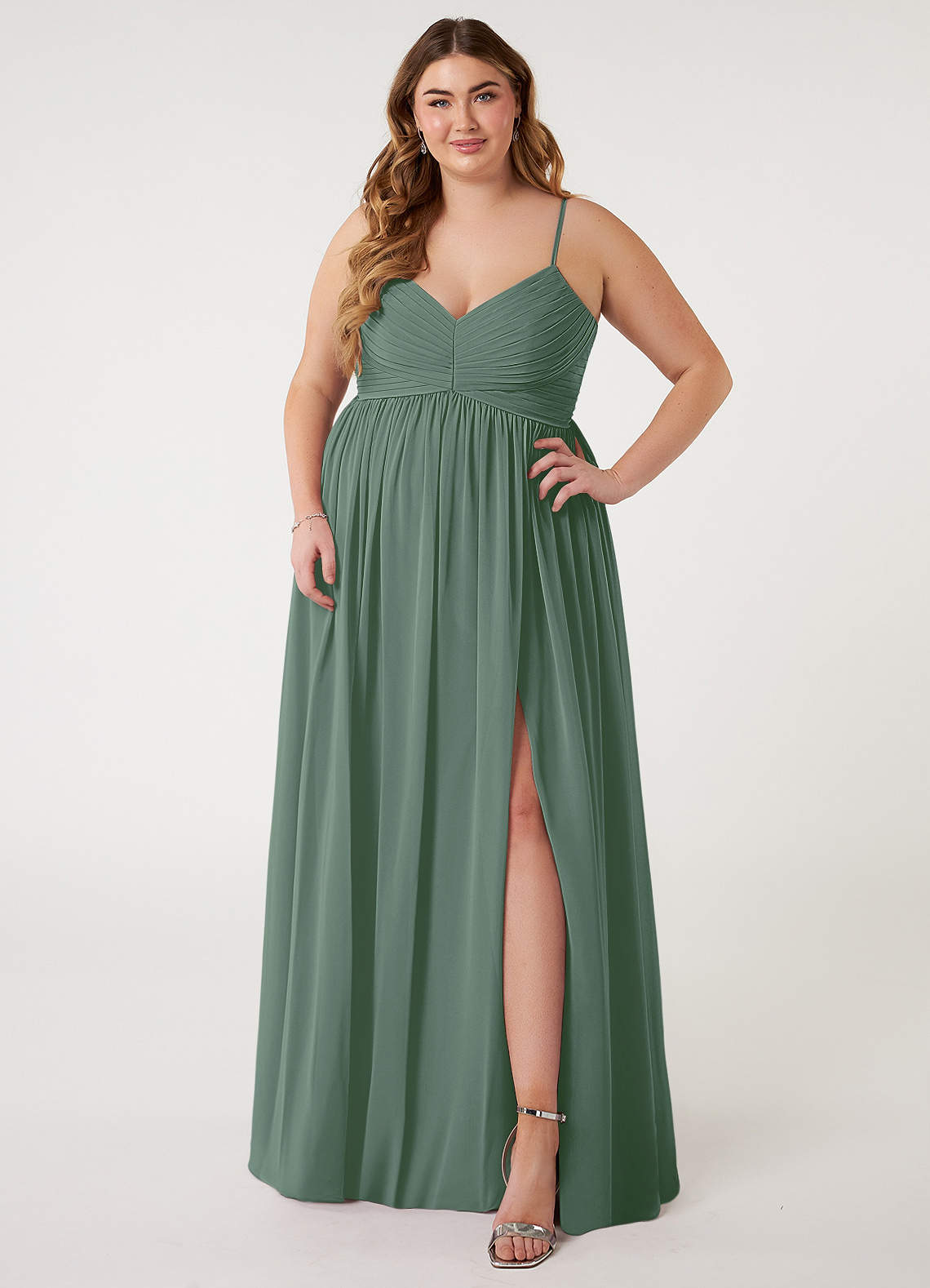 Azazie Alia Bridesmaid Dresses Eucalyptus A-Line Pleated Chiffon Dress image5