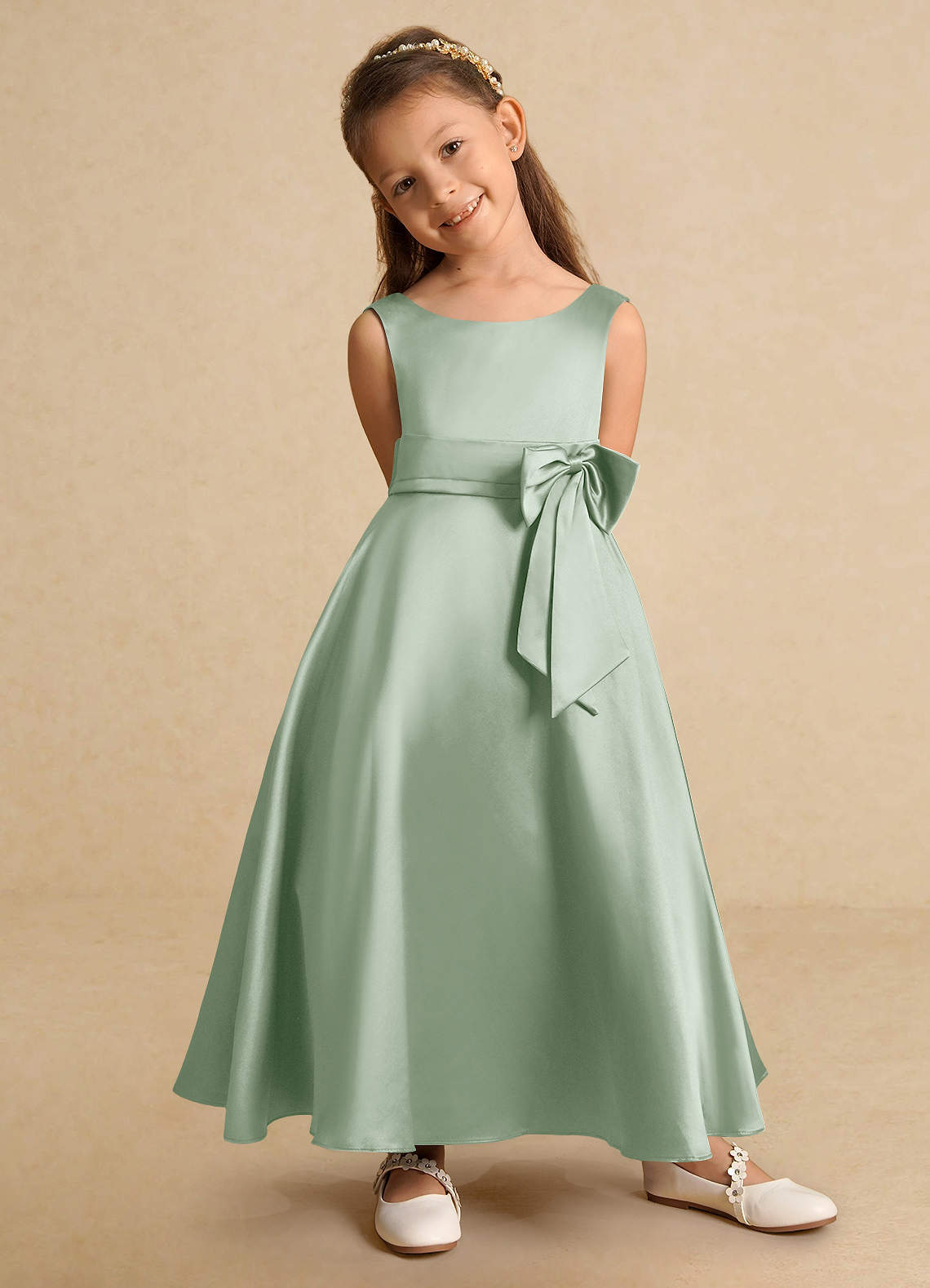 Azazie Lindy Flower Girl Dresses Agave A-Line Pleated Matte Satin Dress image8