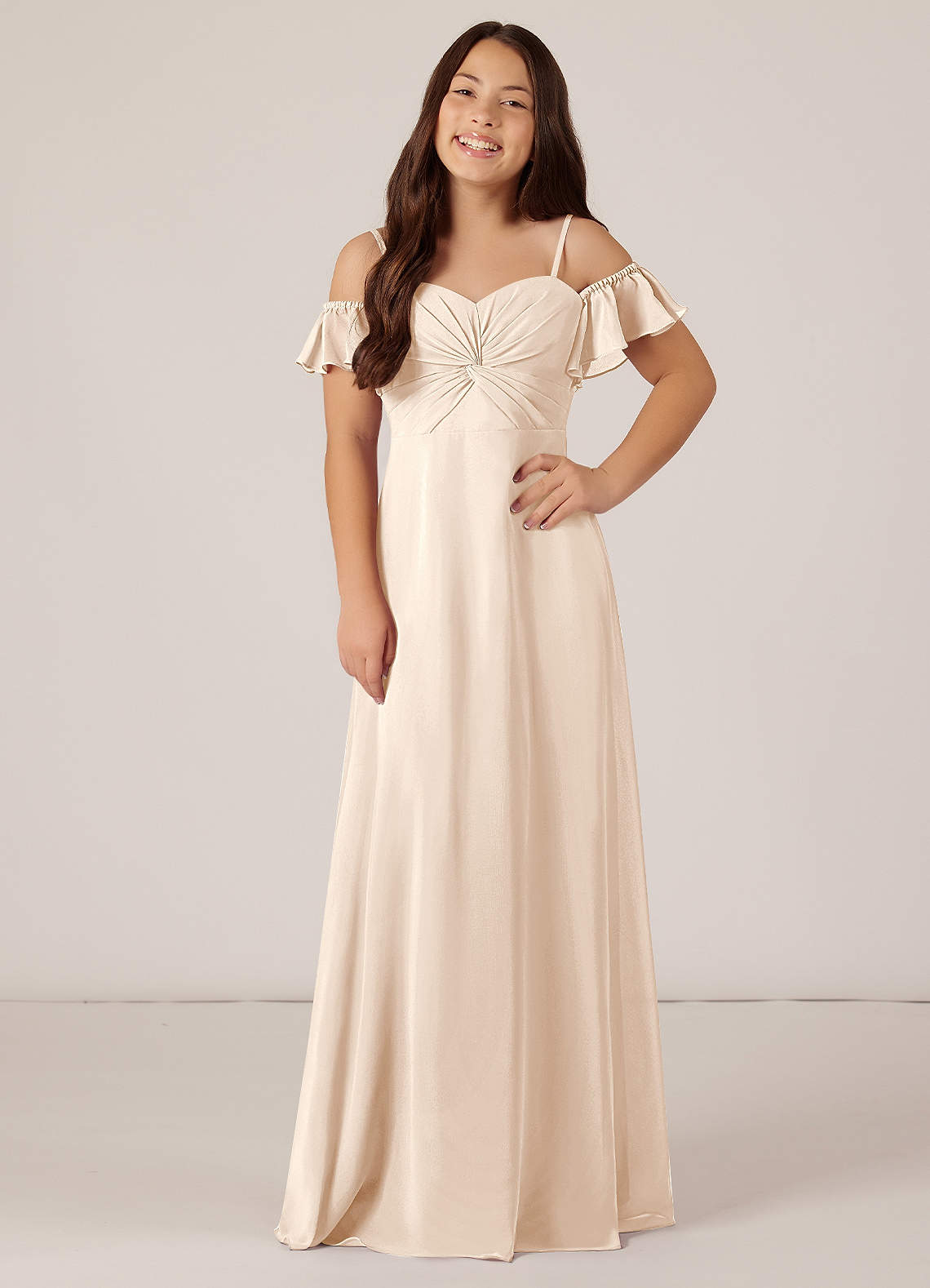 Azazie Juna Junior White Alabaster A-Line Off the Shoulder Chiffon Dress image1