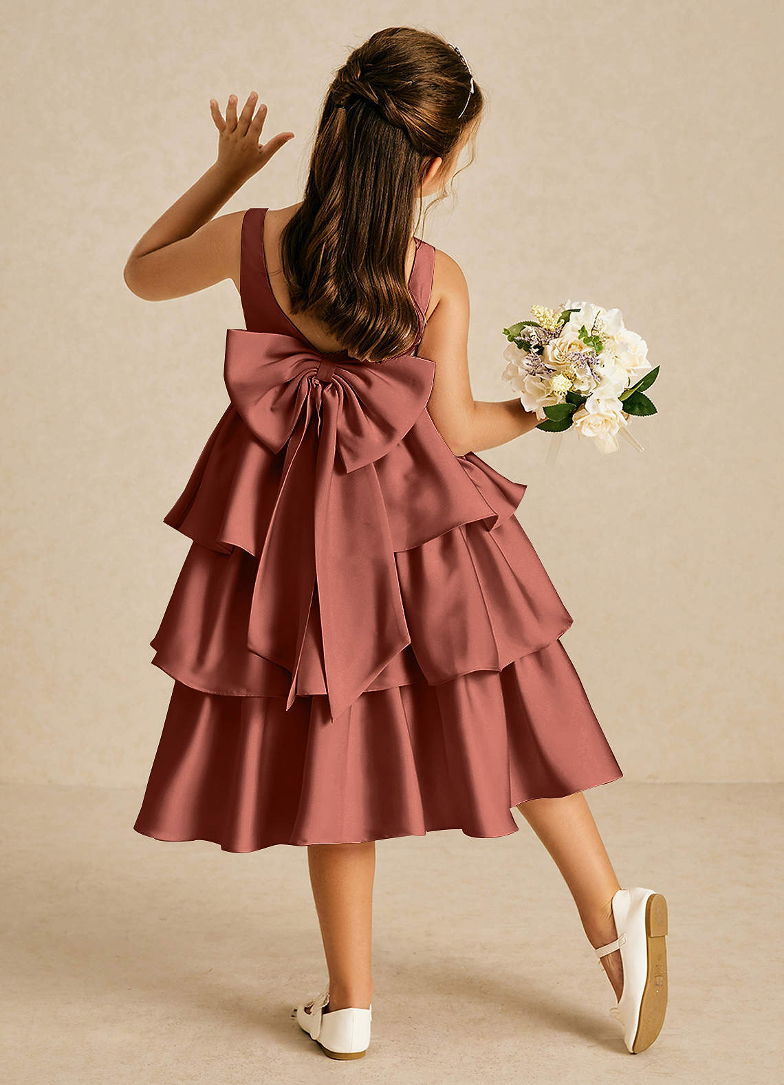 Azazie Margery Blumenmädchenkleider A-Linie Schleifen Stretch-Satin Kleid Rotbraun image1
