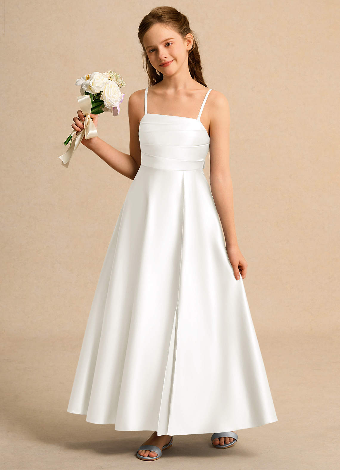 Azazie Pebbles Girls Formal Ivory A-Line Pleated Matte Satin Dress | Azazie Azazie Pebbles Girls Formal Ivory A-Line Pleated Matte Satin Dress | Azazie