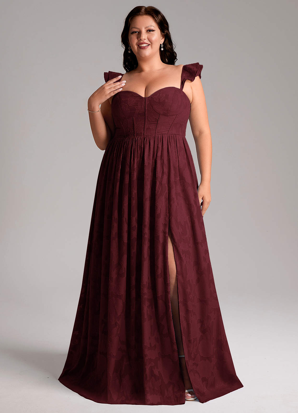 Azazie Denisse Vestidos de damas de honor Vestido de Cabernet de Devorado Floral de Corte en A con Volante image6