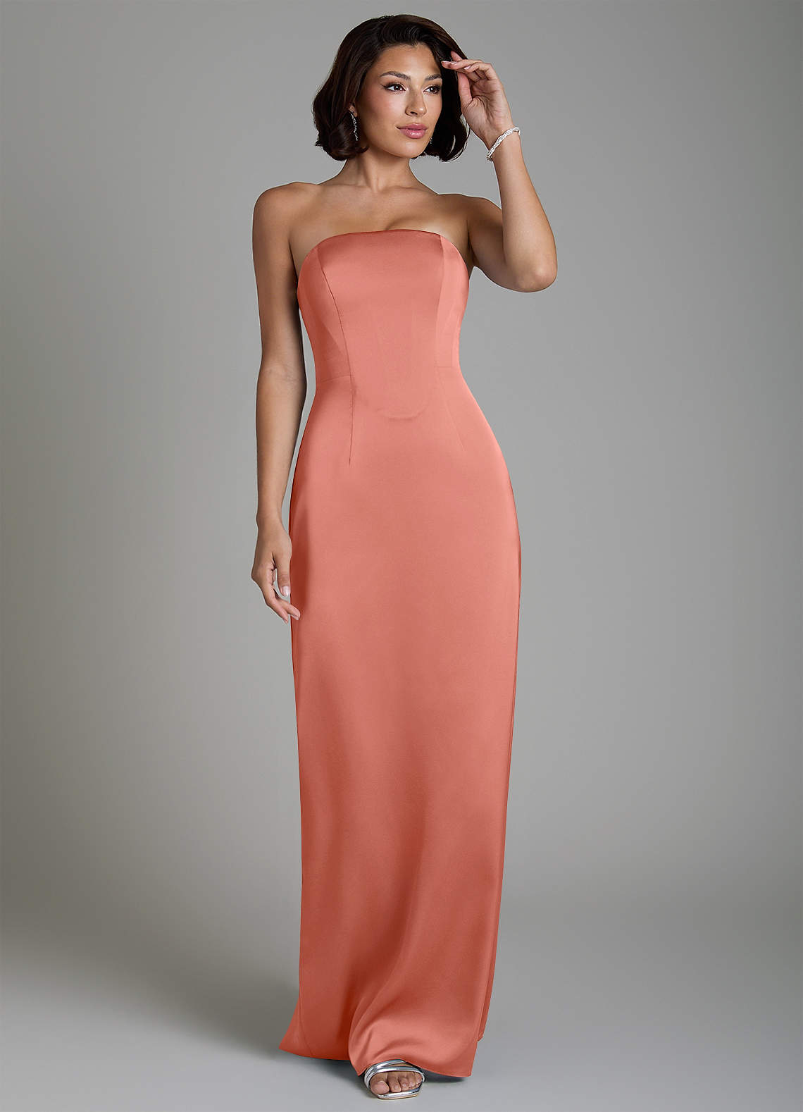 salmon pink bridesmaid dresses Azazie Fallyn peach bridesmaid dresses