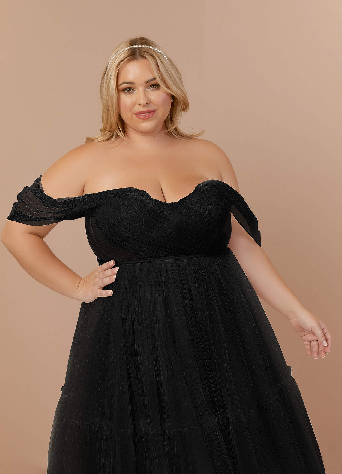 Black Azazie Vienna Black A-Line Off-The-Shouler Tulle Dress | Azazie