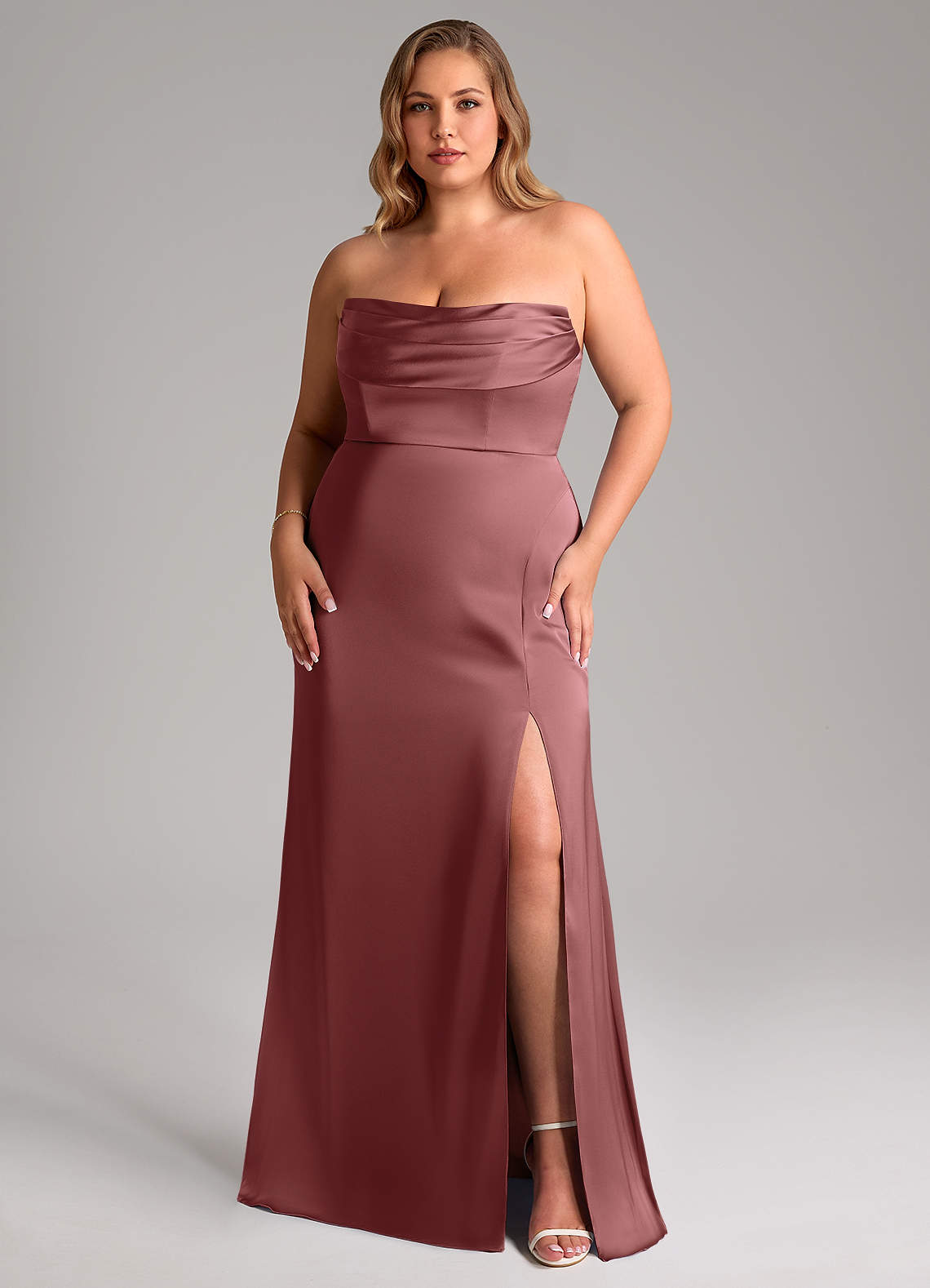 Azazie Saige Bridesmaid Dresses Amethyst Sheath Off the Shoulder Stretch Satin Dress image15