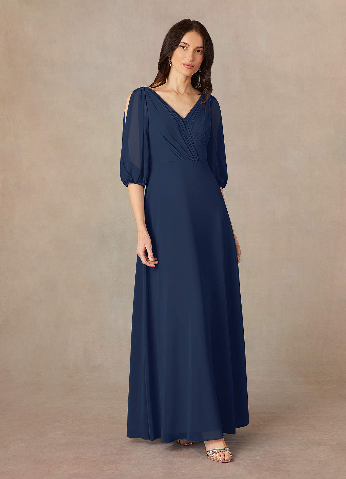 【BAU by Bride And You】Wide V-neck wool silk dress (D.navy) Azazie Bronwyn Dark Navy A-Line V-Neck Ruched Chiffon Dress