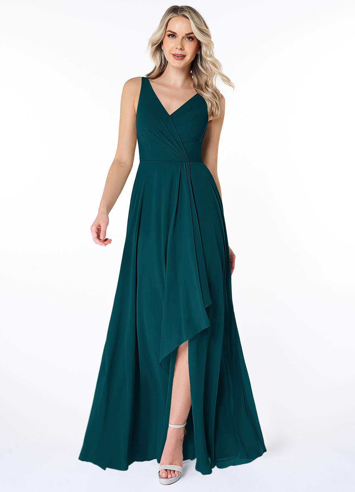 Azazie Calvi Bridesmaid Dresses Pine A-Line Ruched Chiffon Dress image1