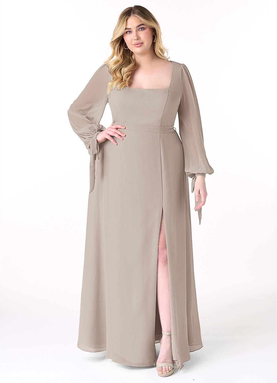 Azazie Leonia Bridesmaid Dresses Frost A-Line Long Sleeve Chiffon Dress image1