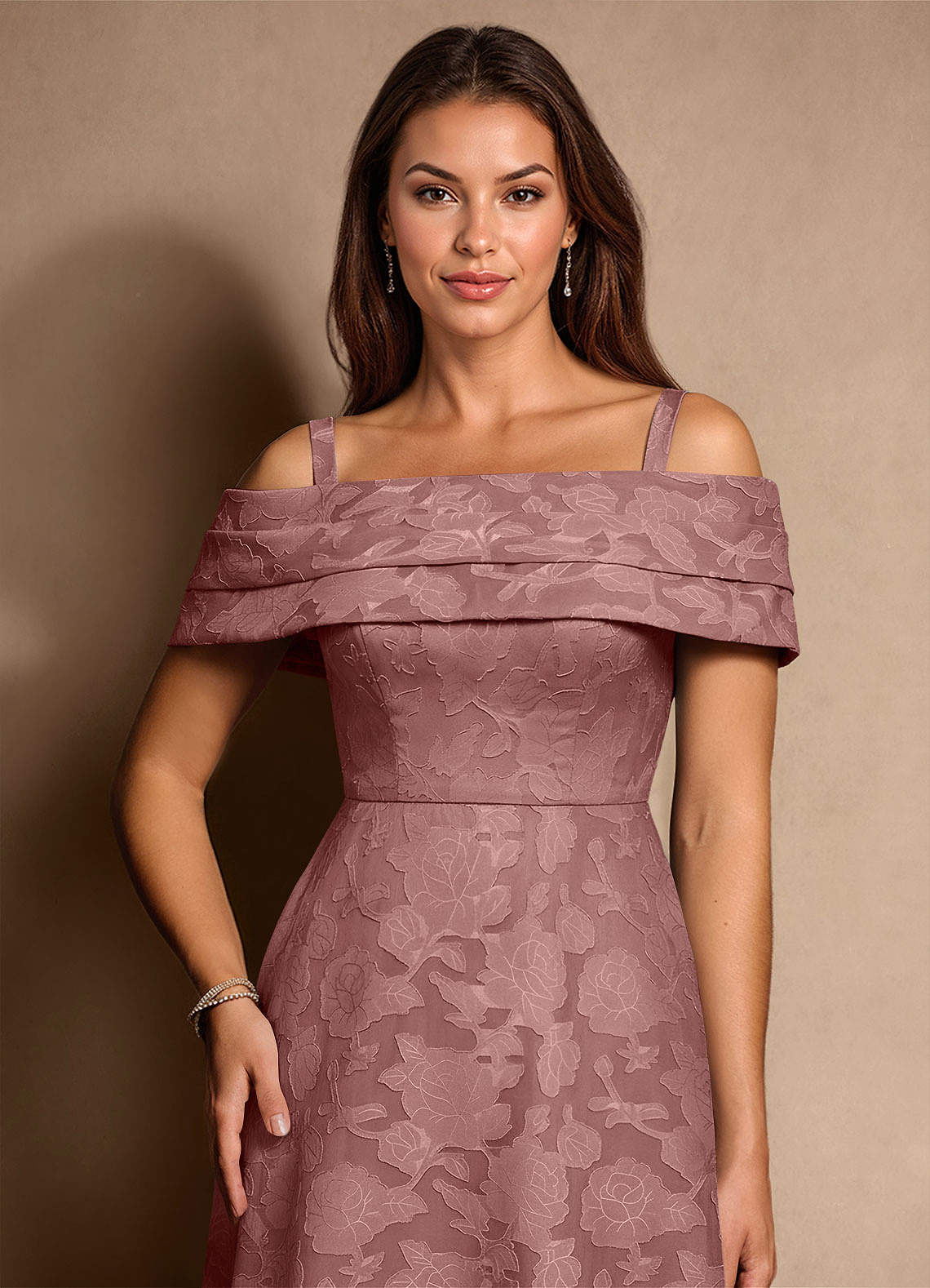 Azazie New Britain vestidos de madre de la novia Vestido de Rosa Polvorienta de Devorado Floral de Corte en A con Plisado image5