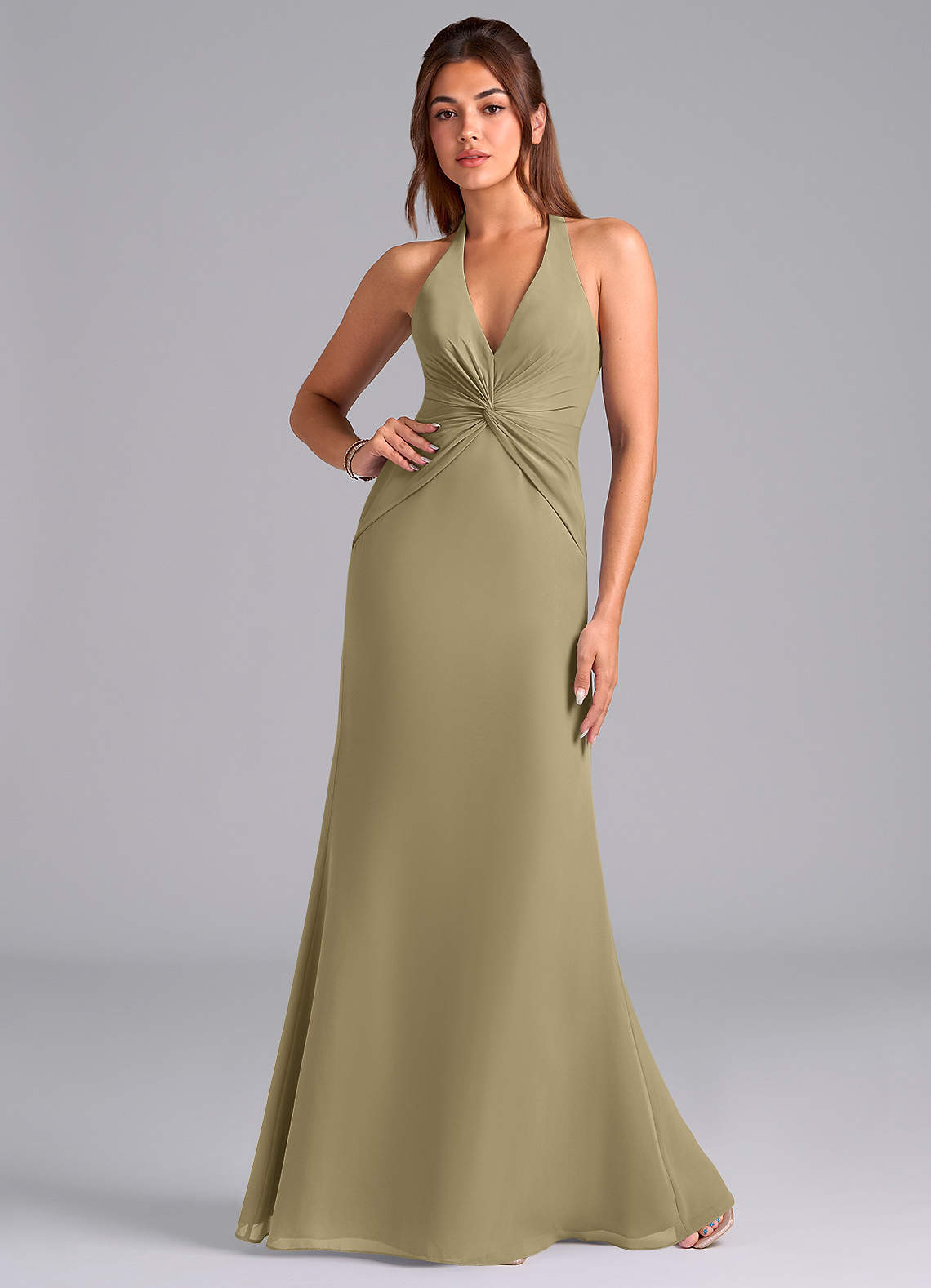 Azazie Valerie Vestidos de damas de honor Vestido de Musgo Verde de Gasa de Corte Sirena con Plisado image1
