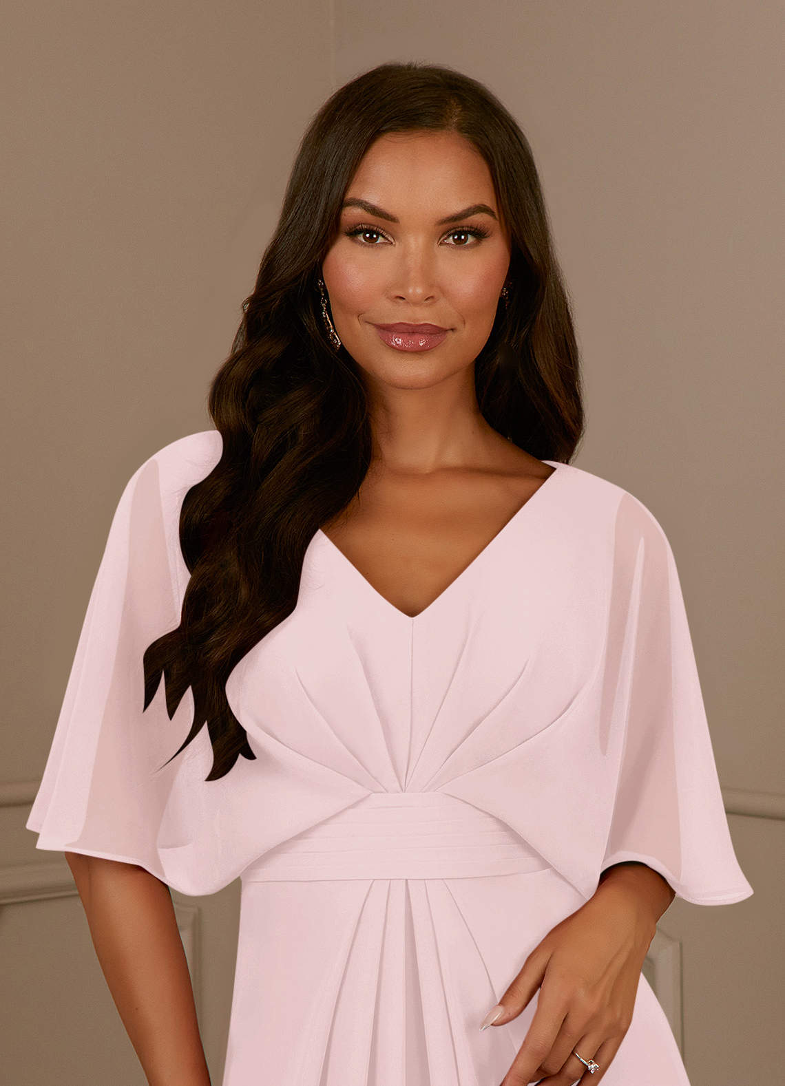 Azazie Oksana Blushing Pink A-Line V-Neck Pleated Chiffon