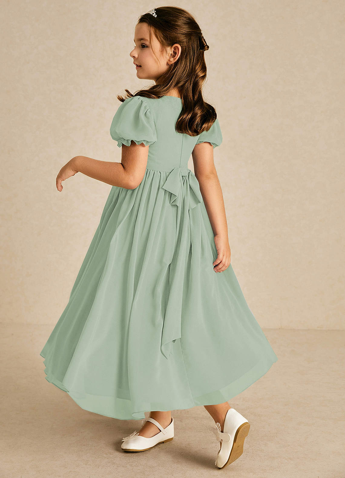 Azazie Joss Flower Girl Dresses Agave A-Line with Sleeves Chiffon Dress image1