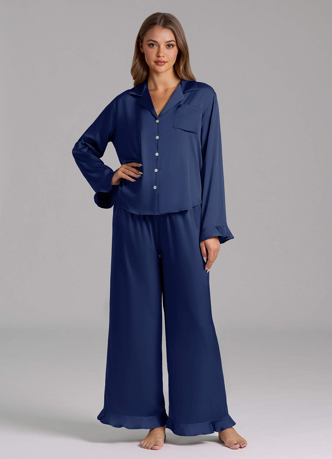 front Matching Color Ruffled Satin Long Sleeve Pajama Set