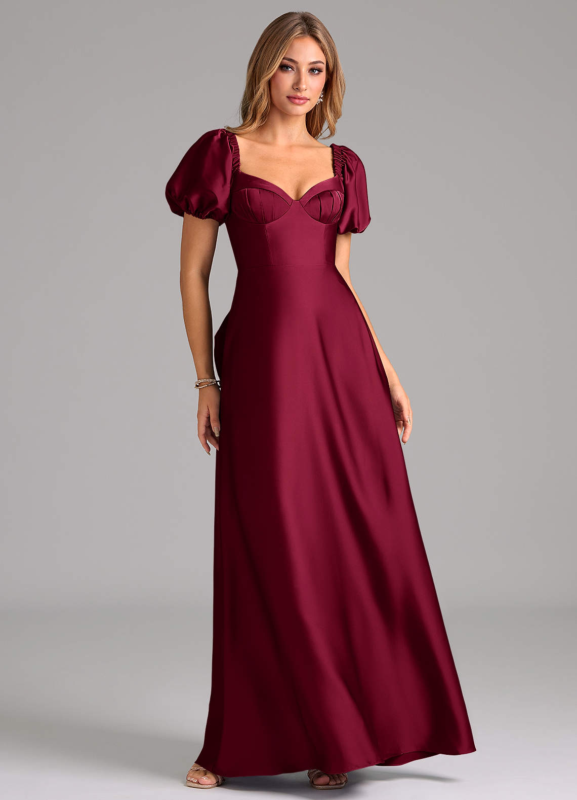 Azazie Fatima Bridesmaid Dresses Burgundy A-Line Pleated Stretch Satin Dress image1