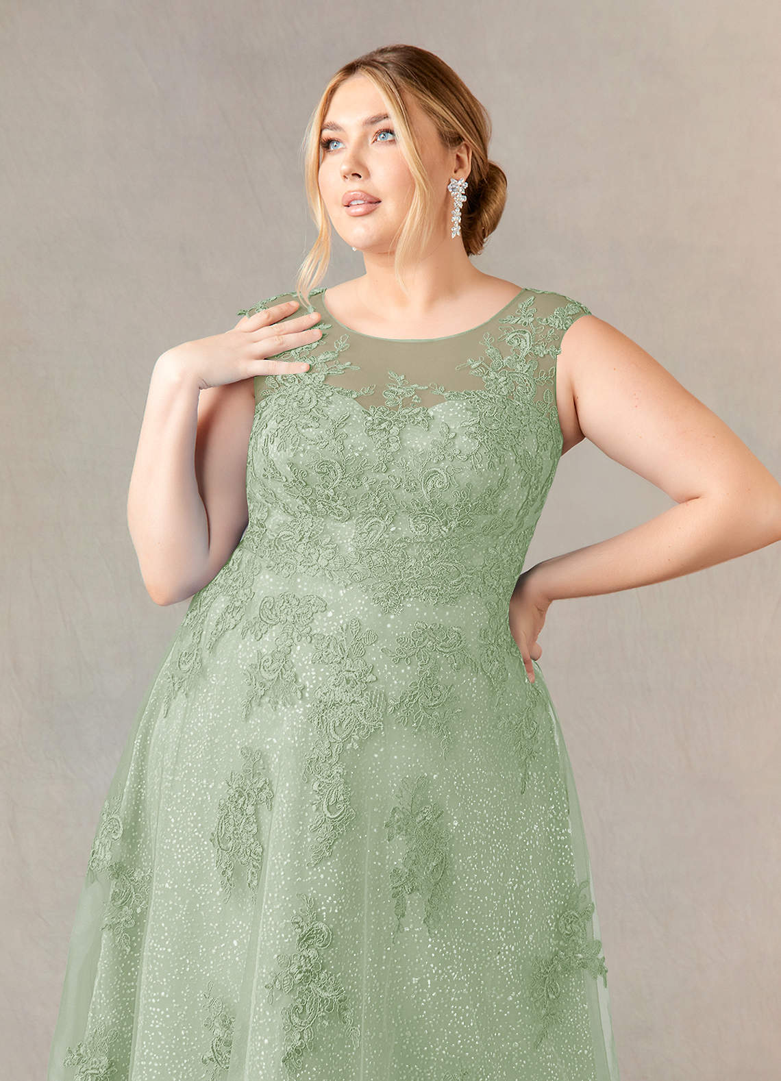 Azazie Flynn Mother of the Bride Dresses Dusty Sage A-Line Boatneck Lace Tulle Dress image9