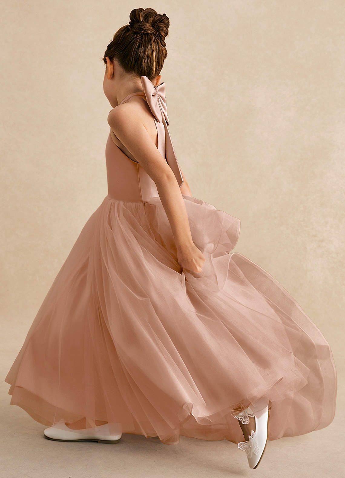 Azazie Bev Flower Girl Dresses Champagne Rose A-Line Convertible Tulle Dress image6