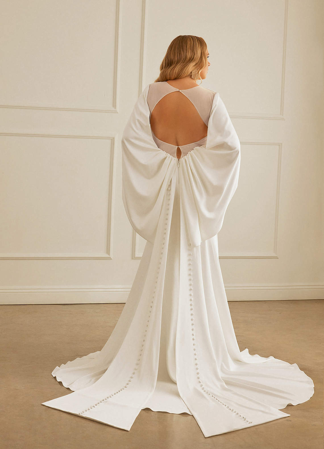 Christian Siriano Bridal for Azazie 2001 Wedding Dresses Plunging Cape Sleeve Crepe Back Satin Mermaid Gown image11