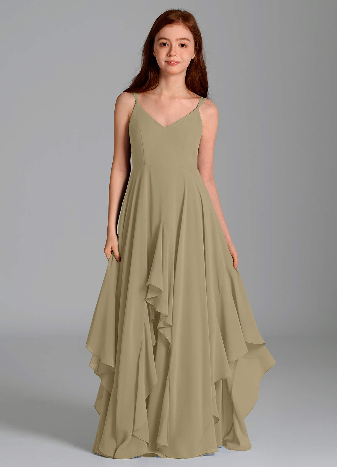 Azazie Karan Junior A-Linie Chiffon Kleid Moosgrün image3