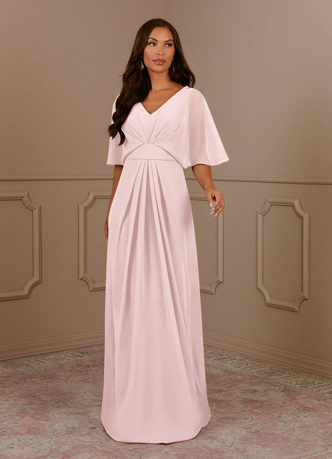 Azazie Oksana Blushing Pink A-Line V-Neck Pleated Chiffon Dress