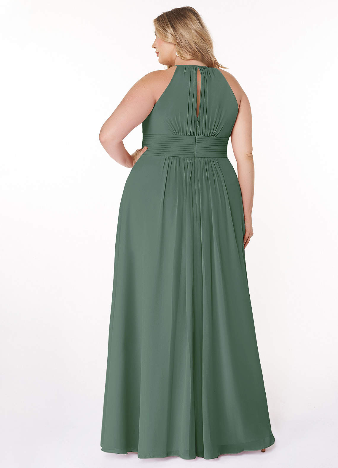 Azazie Bonnie Brautjungfernkleider A-Linie Schlüsselloch Gerüscht Chiffon Kleid Eukalyptus image6