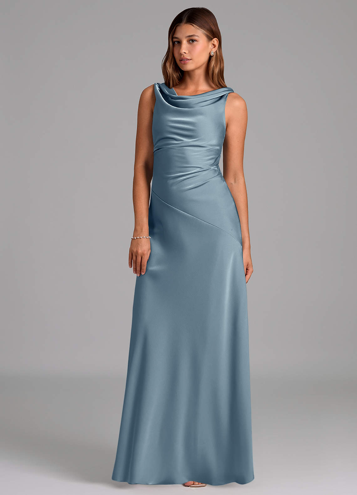 Azazie Nerine Bridesmaid Dresses Dusty Blue A-Line Pleated Stretch Satin Dress image1