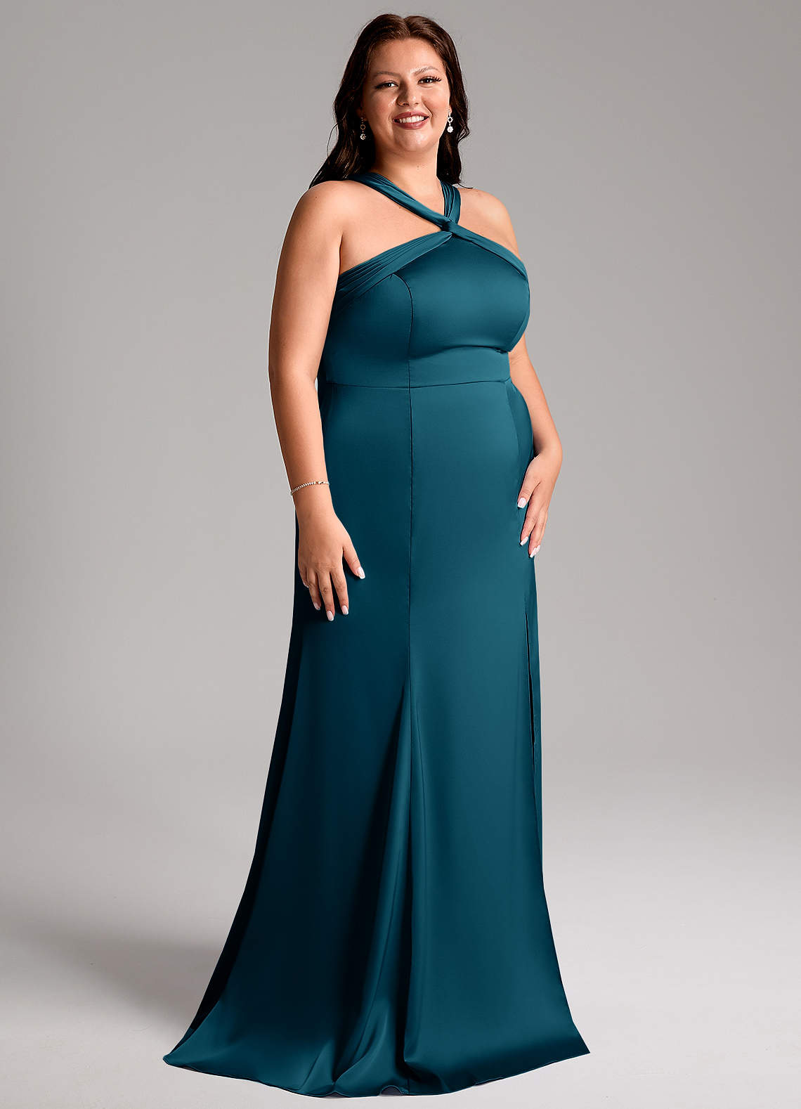 Azazie Rue Vestidos de damas de honor Vestido de Azul Tinta de Satén Elástico de Corte Sirena con Plisado image11