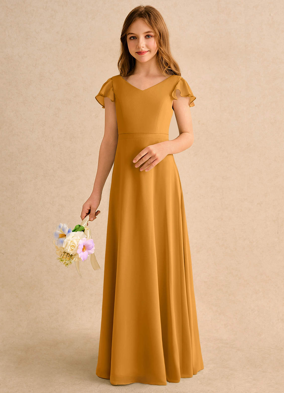 Azazie Nari Girls Formal Vestidos de florista Vestido Caramelo de Chiffon de Linha A com com Mangas image3