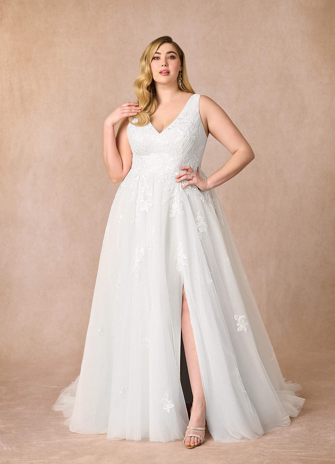 Azazie Joie Diamond White A-Line V-Neck Sequins Tulle Dress Ready
