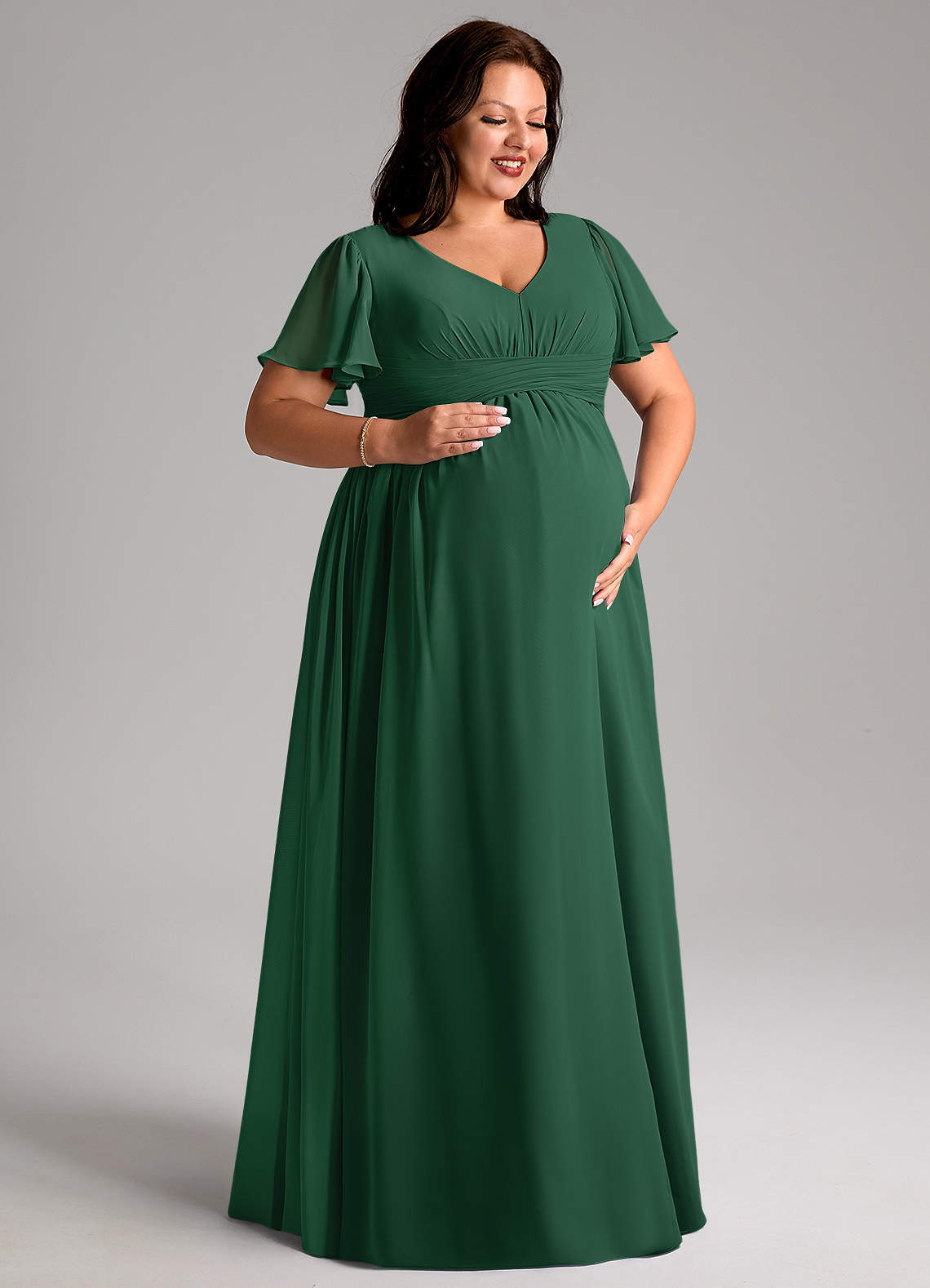 Azazie Verna vestidos de dama de honor de maternidad Vestido de Corte en A Cuello en V fruncido Hasta el suelo Gasa image9