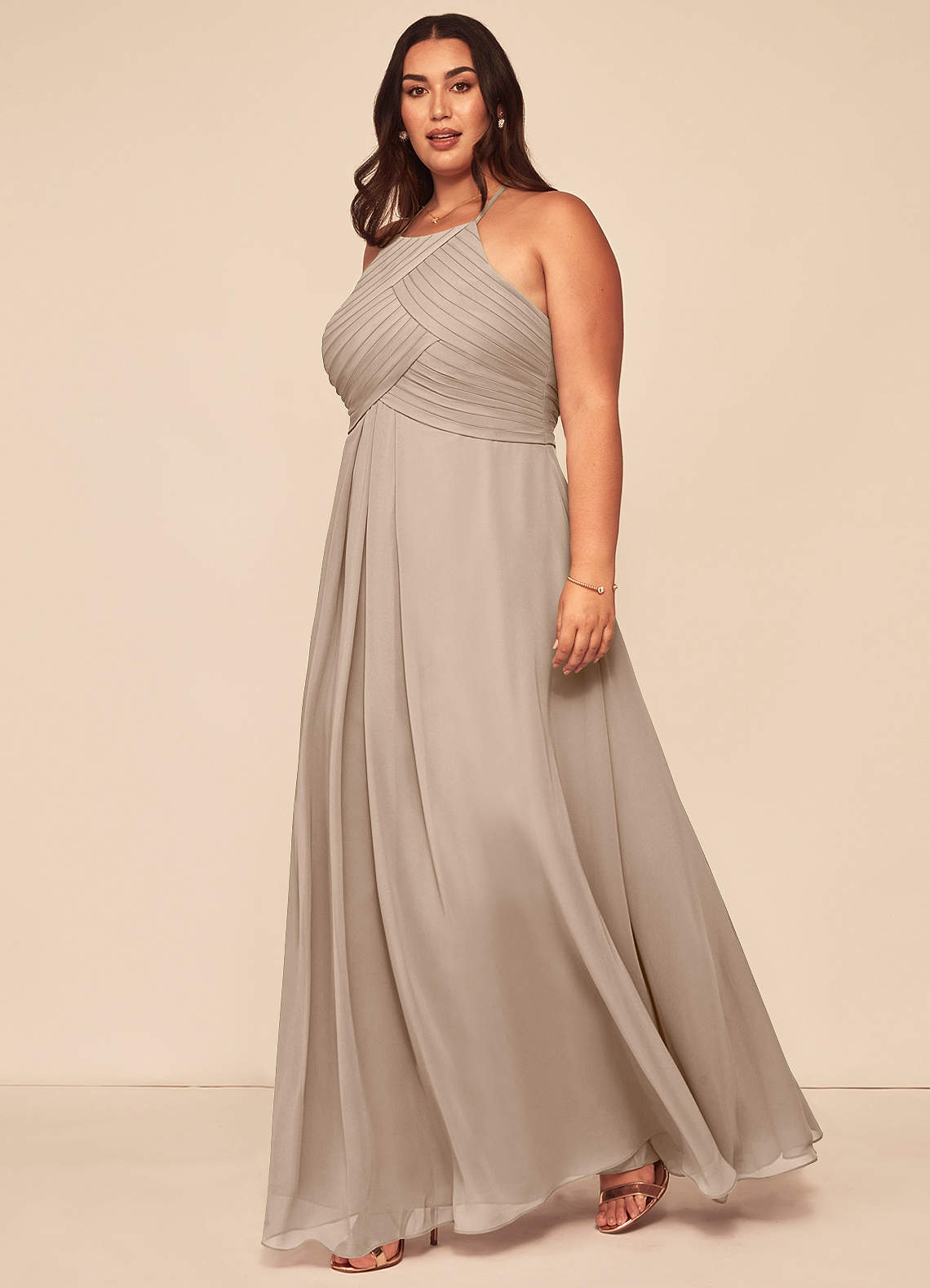 Azazie Ginger Bridesmaid Dresses Taupe A-Line Halter Pleated Chiffon Dress image1