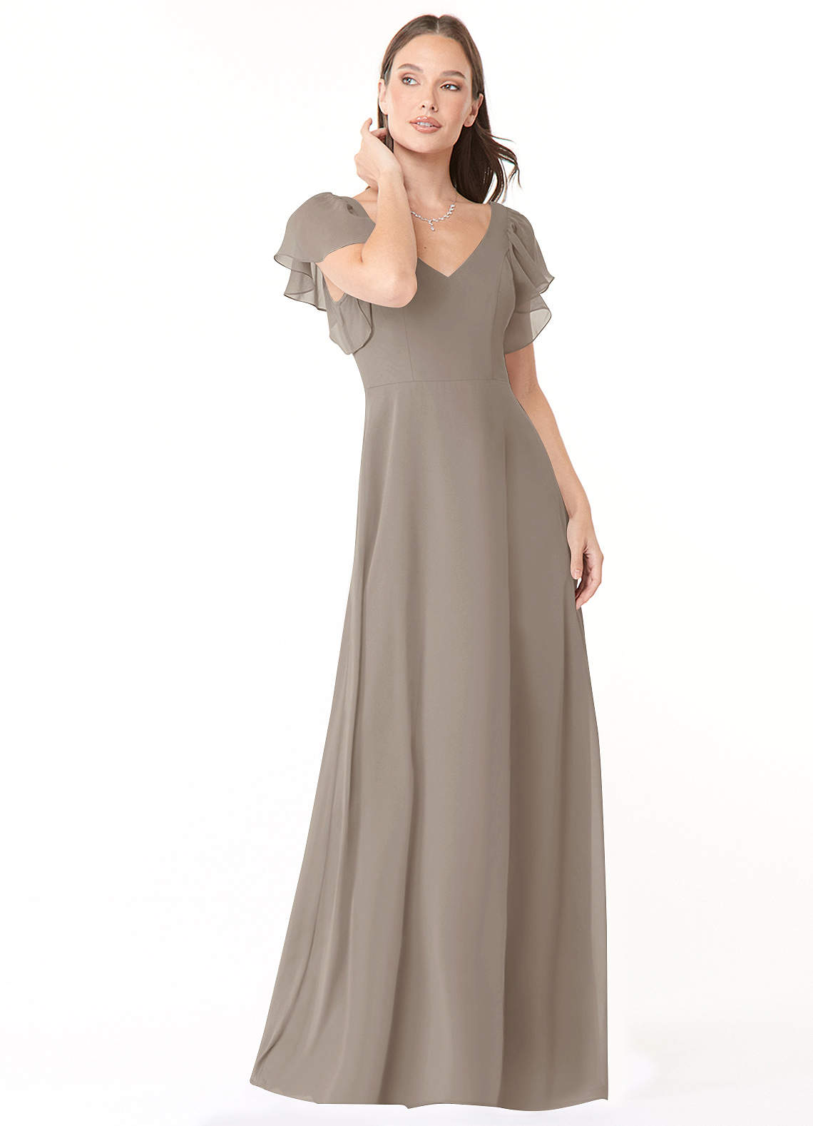 Azazie Syenna Bridesmaid Dresses Taupe A-Line Ruched Chiffon Dress image1