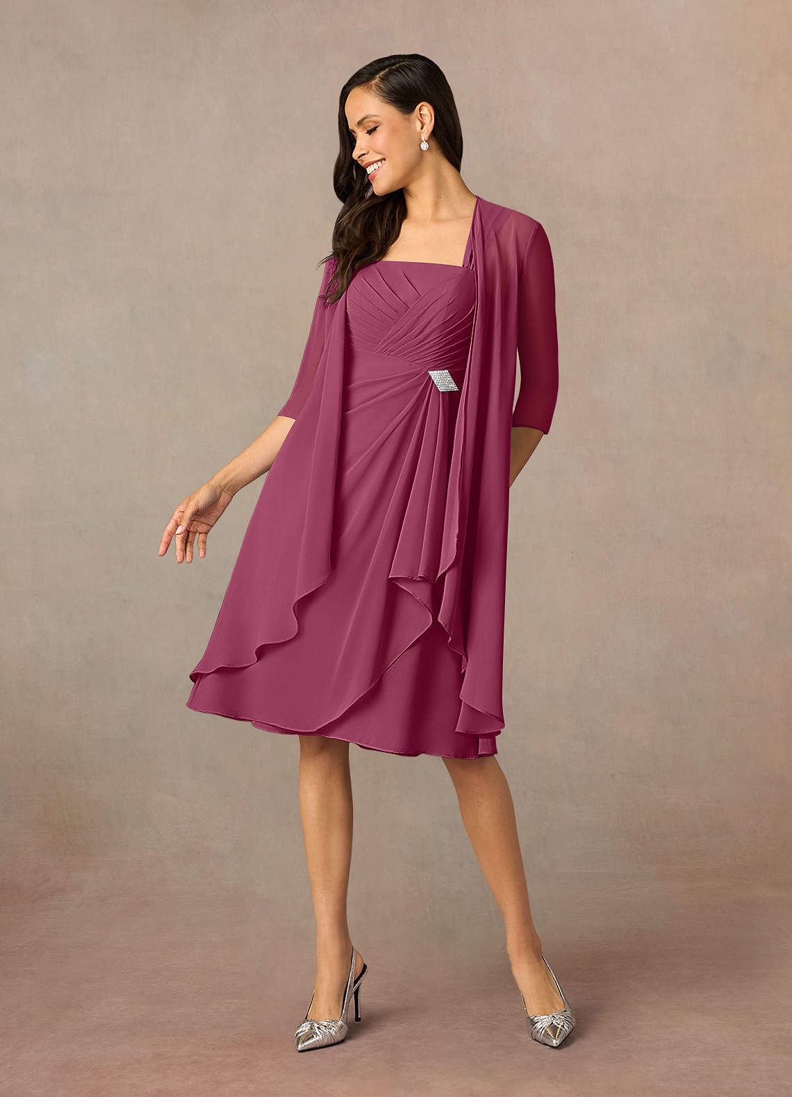 Azazie Olivia Mother of the Bride Dresses Mulberry A-Line Square Neckline Pleated Chiffon Dress image1