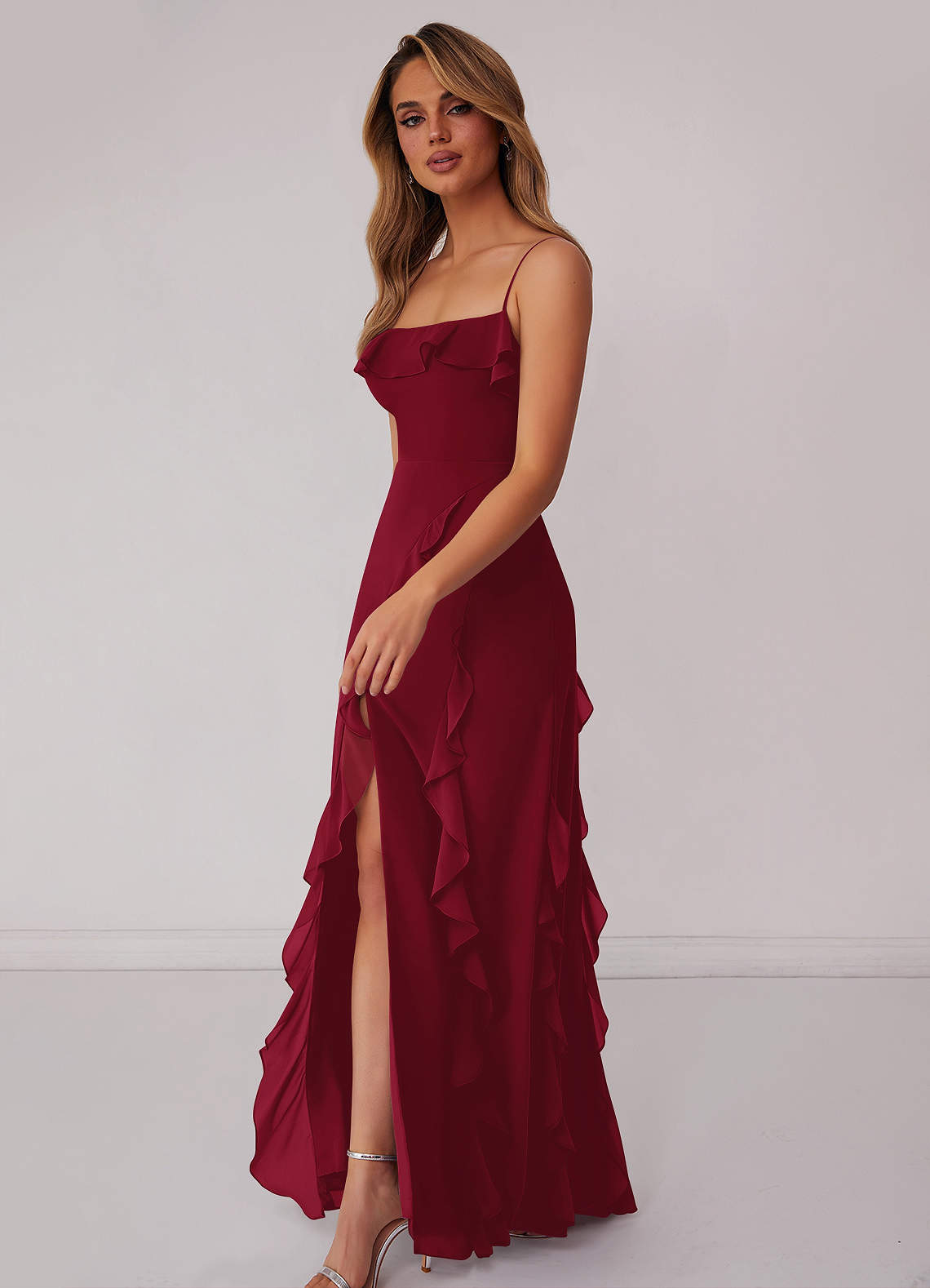 1310769 Bordeaux Ruffle Slit Dress