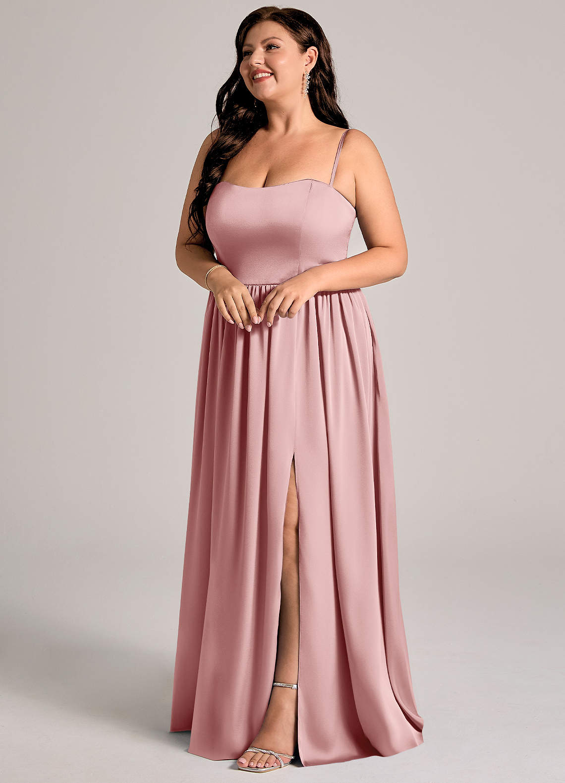 Azazie Calianna Vestidos de damas de honor Vestido de Rosa Polvorienta de Satén Elástico de Línea A Convertible con Vestidos sin tirantes image9