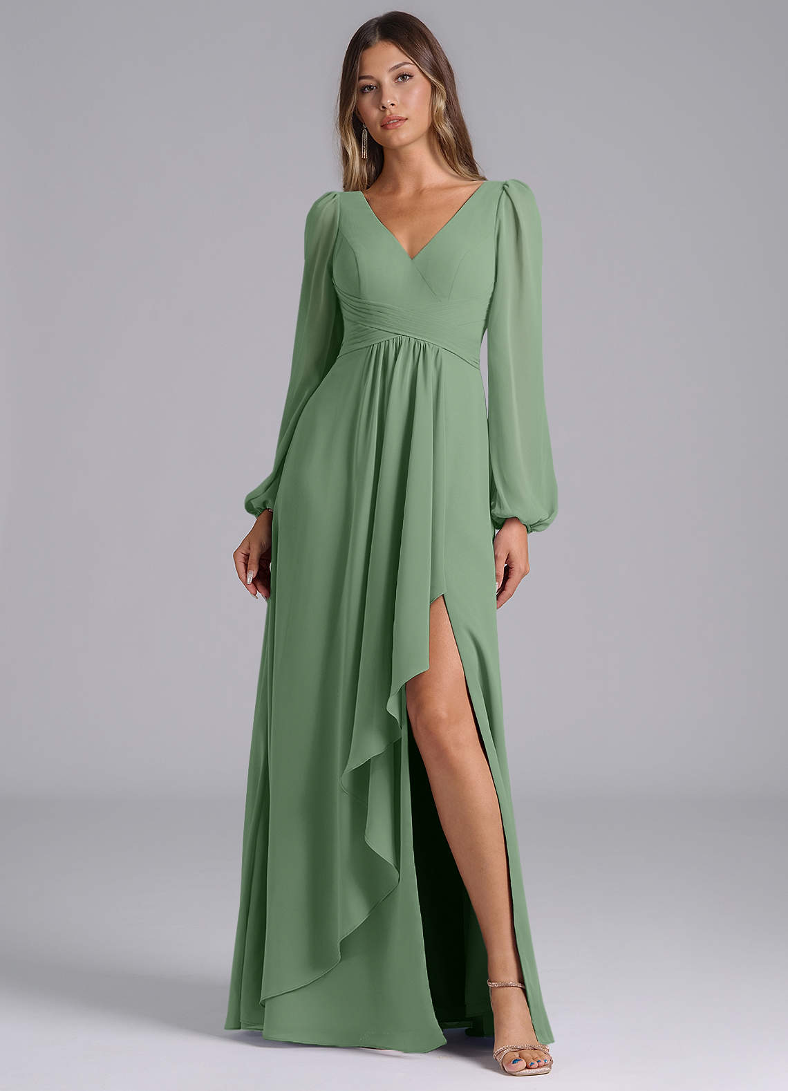 Azazie Omari Bridesmaid Dresses Matcha A-Line Long Sleeve Chiffon Dress image1