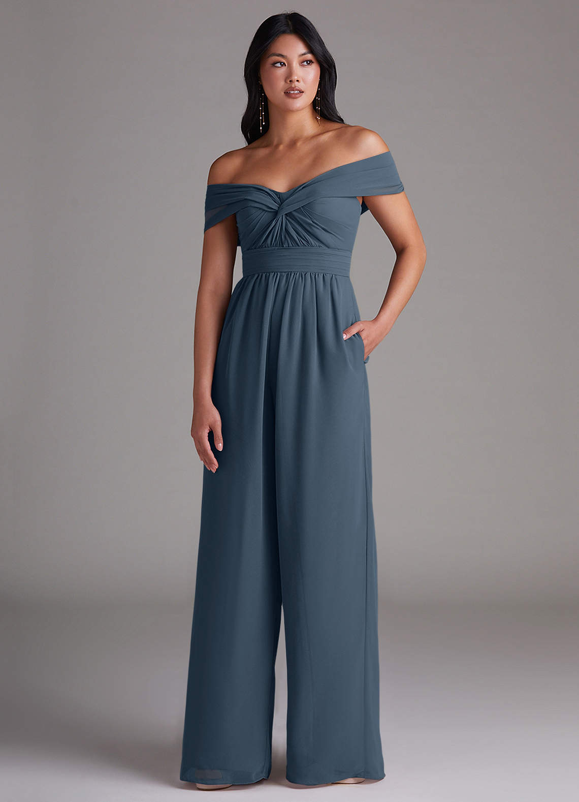 Azazie Lamara Brautjungfernkleider Wandelbar Schulterfrei Chiffon Overall/Jumpsuit Neptunblau image1