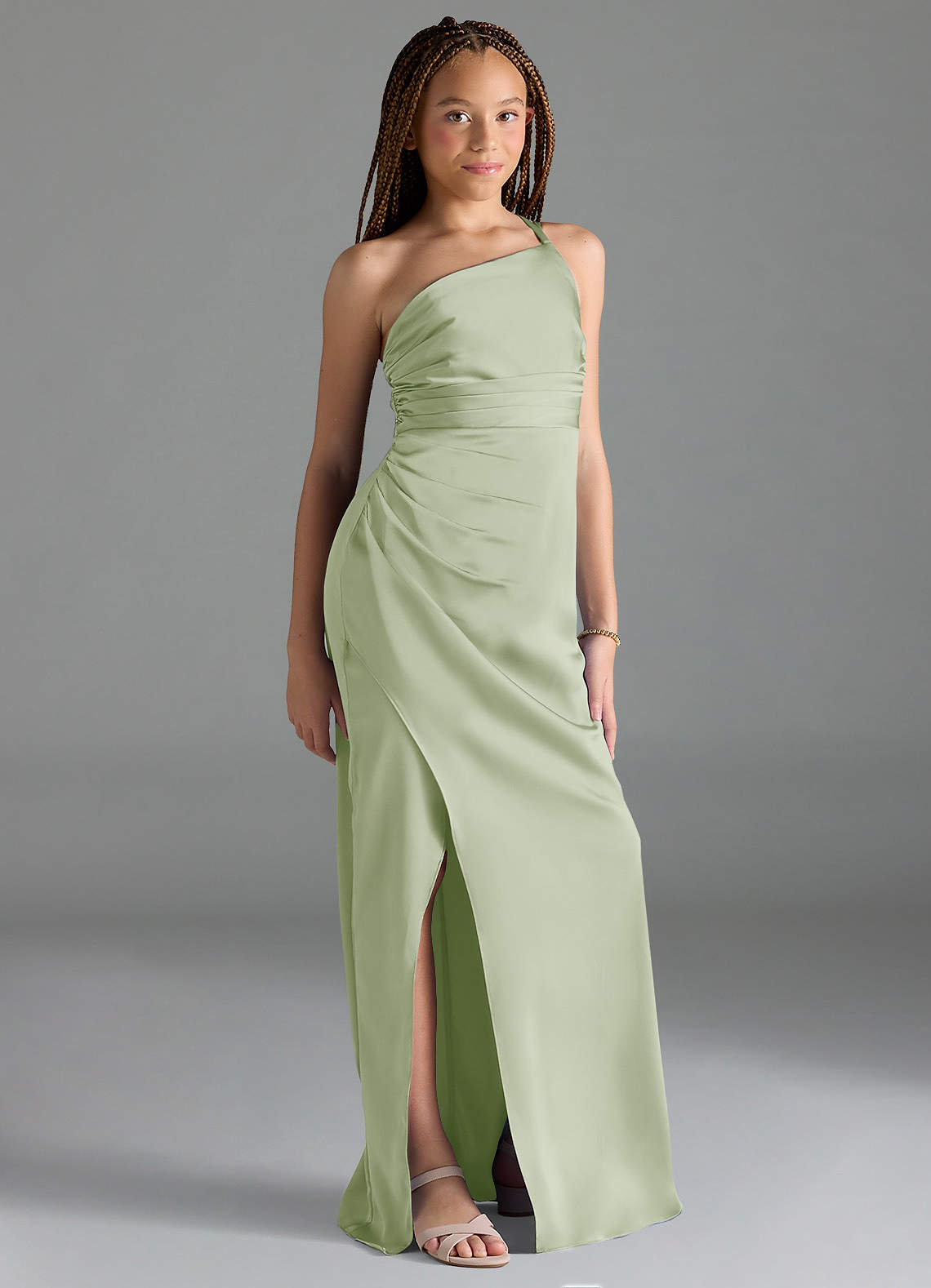 Azazie Eren Junior Dusty Sage Sheath Pleated Stretch Satin Dress image3