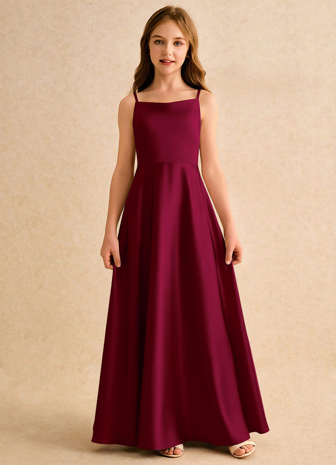 Azazie Joella Girls Formal Flower Girl Dresses Burgundy A-Line Pleated Stretch Satin Dress image3