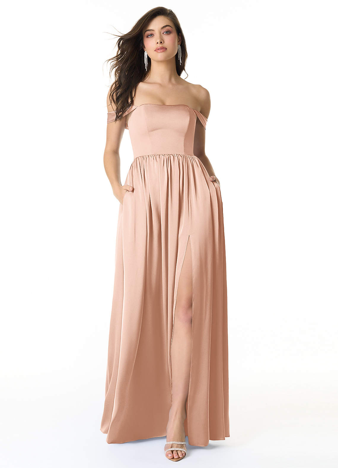 Azazie Morana Bridesmaid Dresses Rose Gold A-Line Off the Shoulder Stretch Satin Convertible Dress image1