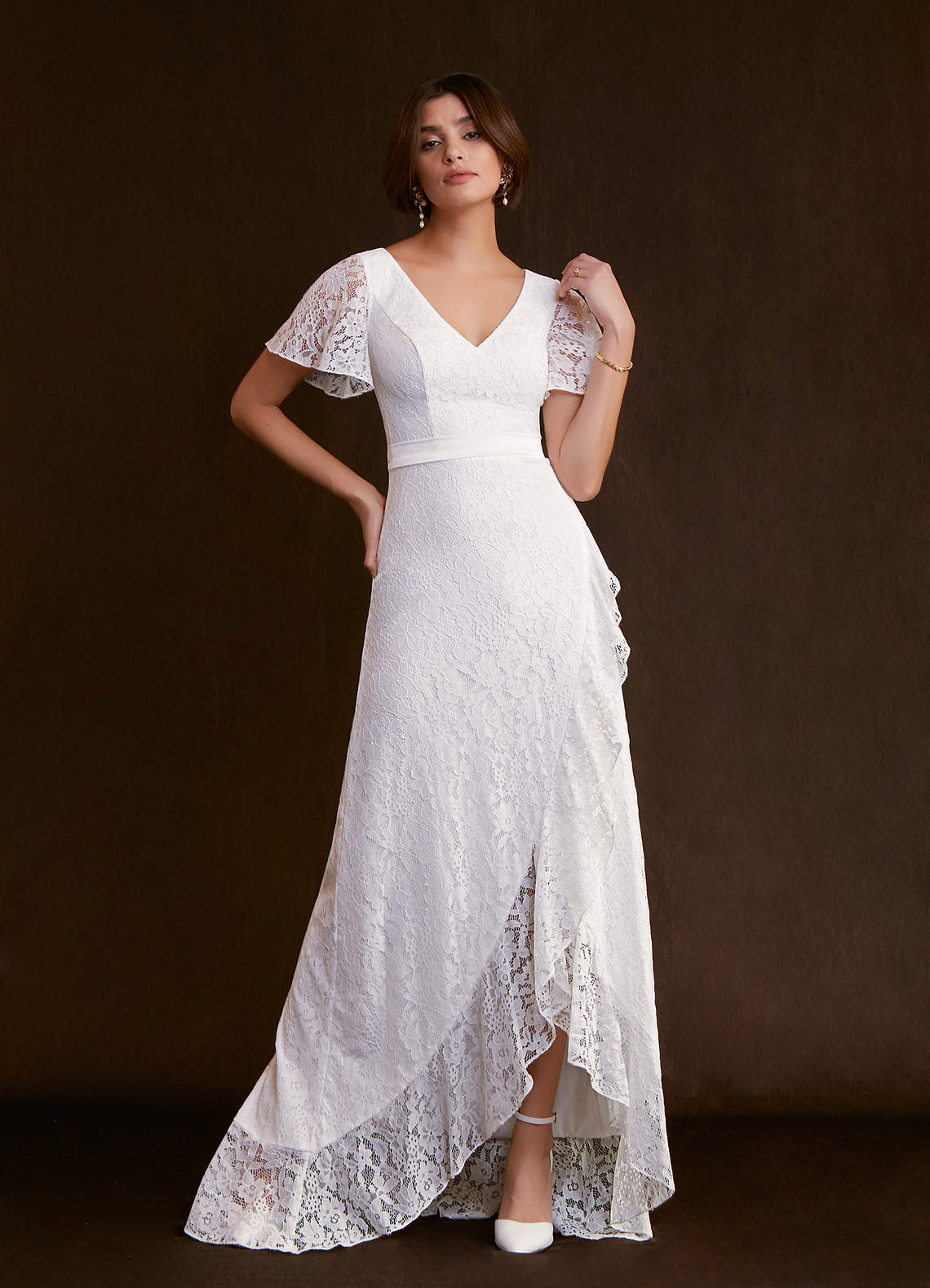 Azazie Lanei Robes de mariée Robe A-ligne Col en V Longueur sol Dentelle image1