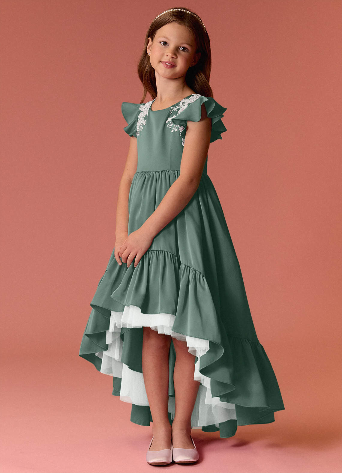 Barbie ♥ Azazie Flower Girl Dresses High Low Lace and Stretch Satin A-line Dress image2