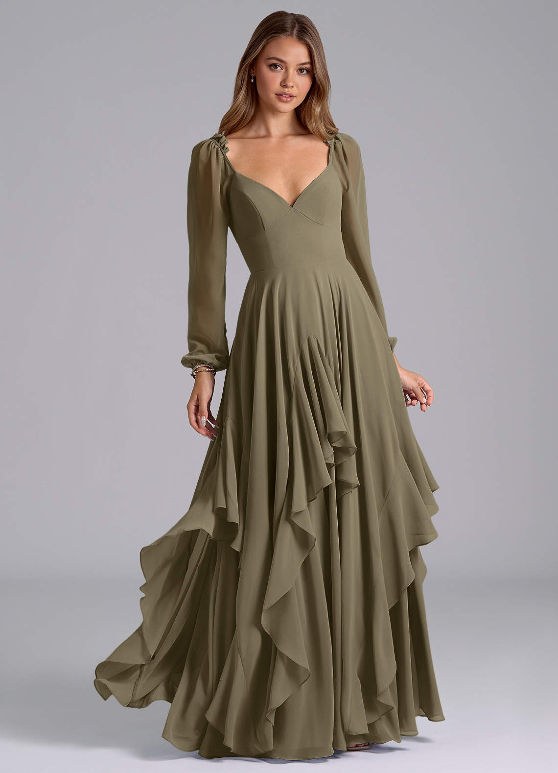 Azazie Karan Bridesmaid Dresses Willow Green A-Line Long Sleeve Chiffon Dress image1