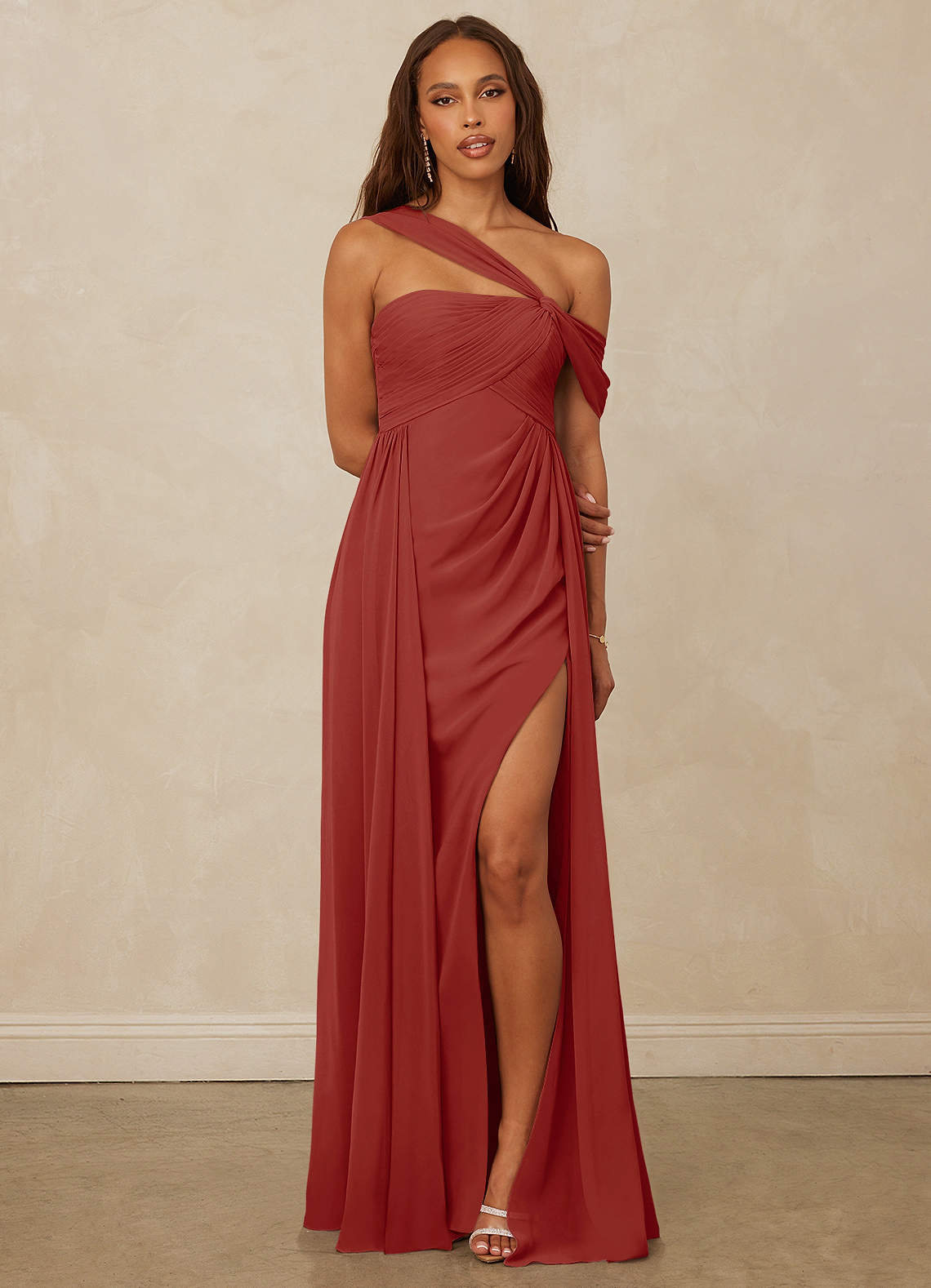 Christian Siriano Bridal for Azazie 1014 Bridesmaid Dresses Terracotta A-Line Off the Shoulder Chiffon Dress image1