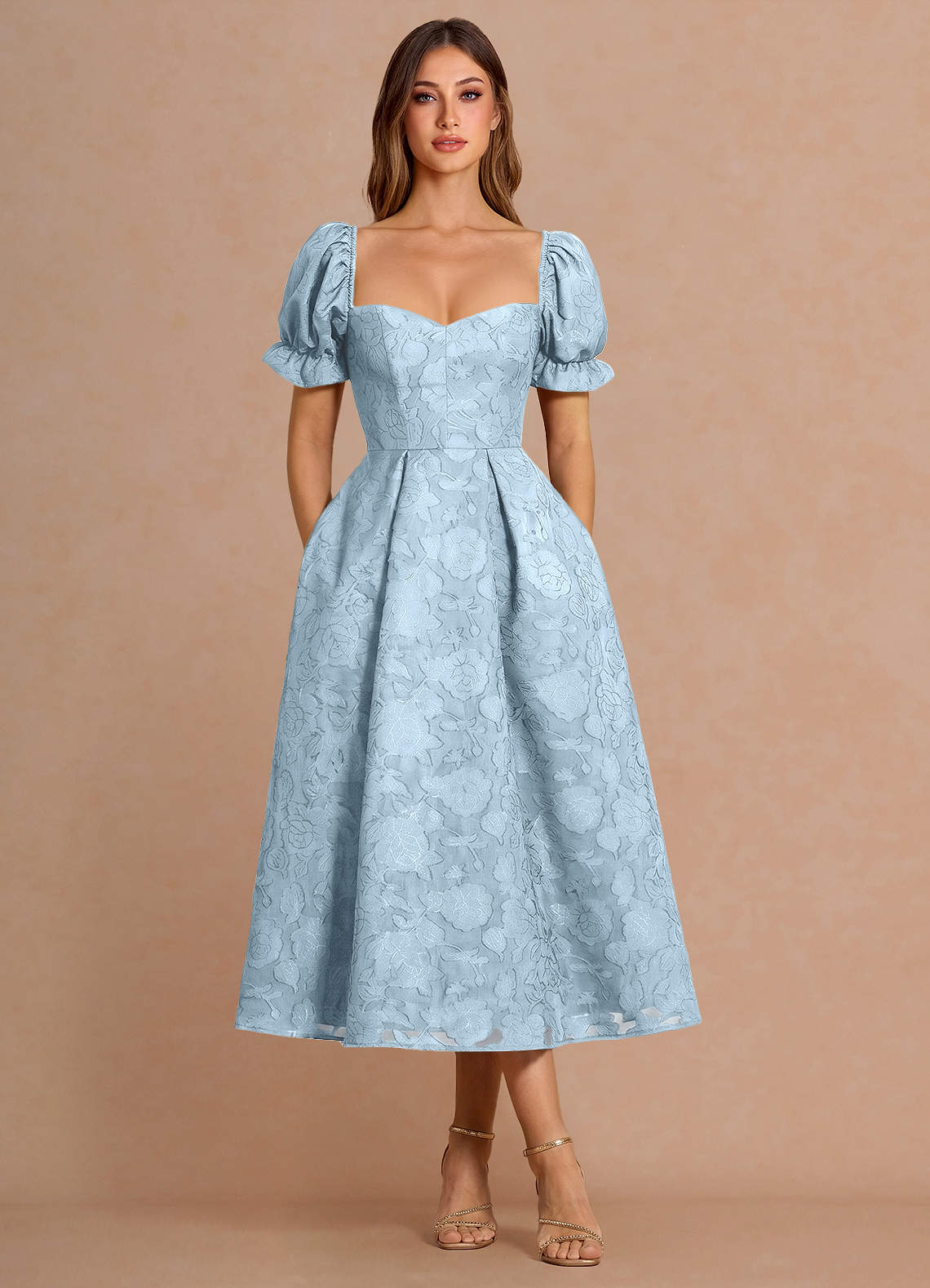 light blue midi dress with sleeves Lanthe Sky Guest dress