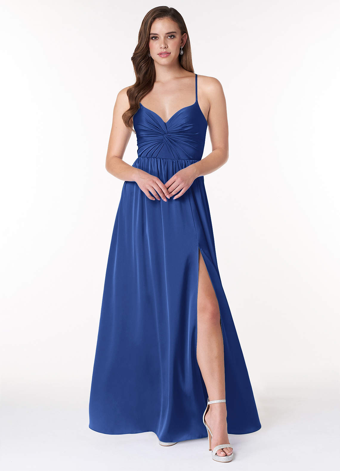 Azazie Raya Bridesmaid Dresses Royal Blue A-Line V-Neck Pleated Stretch Satin Dress image1