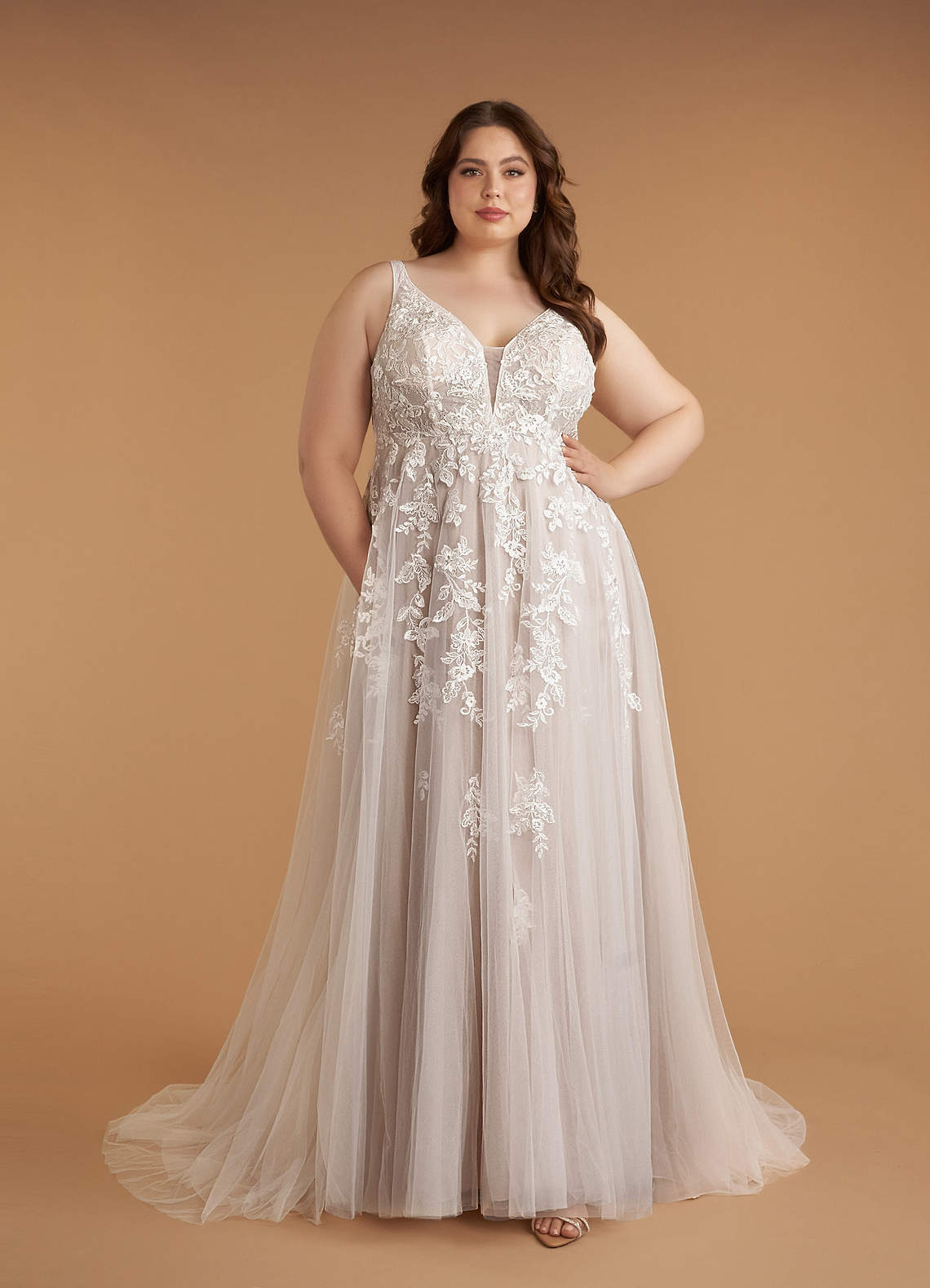 Azazie Sorella Wedding Dresses Diamond White Cocoa A-Line V-Neck Sequins Tulle Dress image1