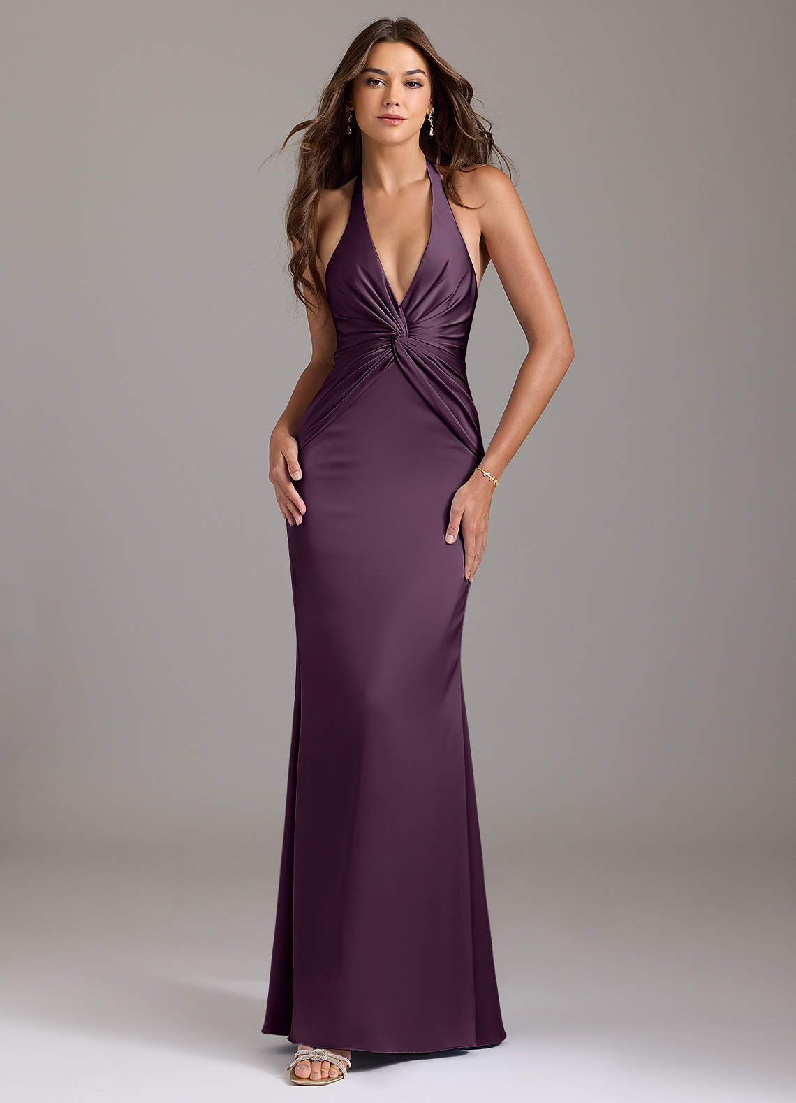 Azazie Valerie Bridesmaid Dresses Plum Mermaid Pleated Stretch Satin Dress image1