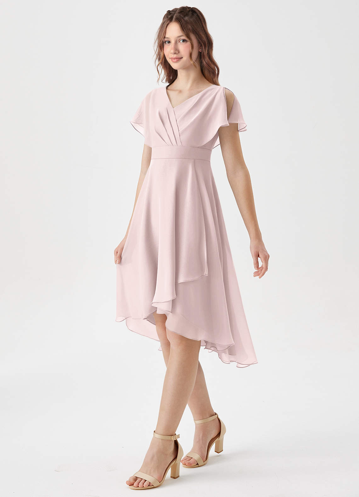 Azazie Graciela Junior Blushing Pink A-Line Pleated Chiffon Dress image1