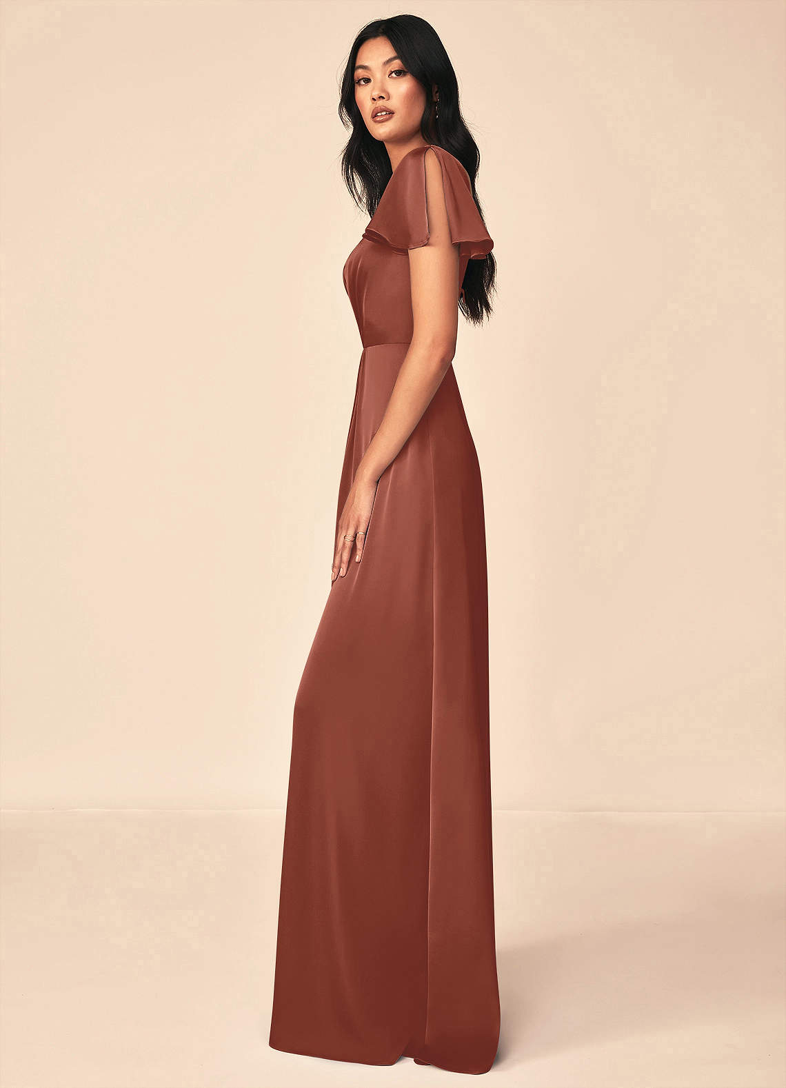 Azazie Soren Bridesmaid Dresses Auburn A-Line Pleated Stretch Satin Dress image2